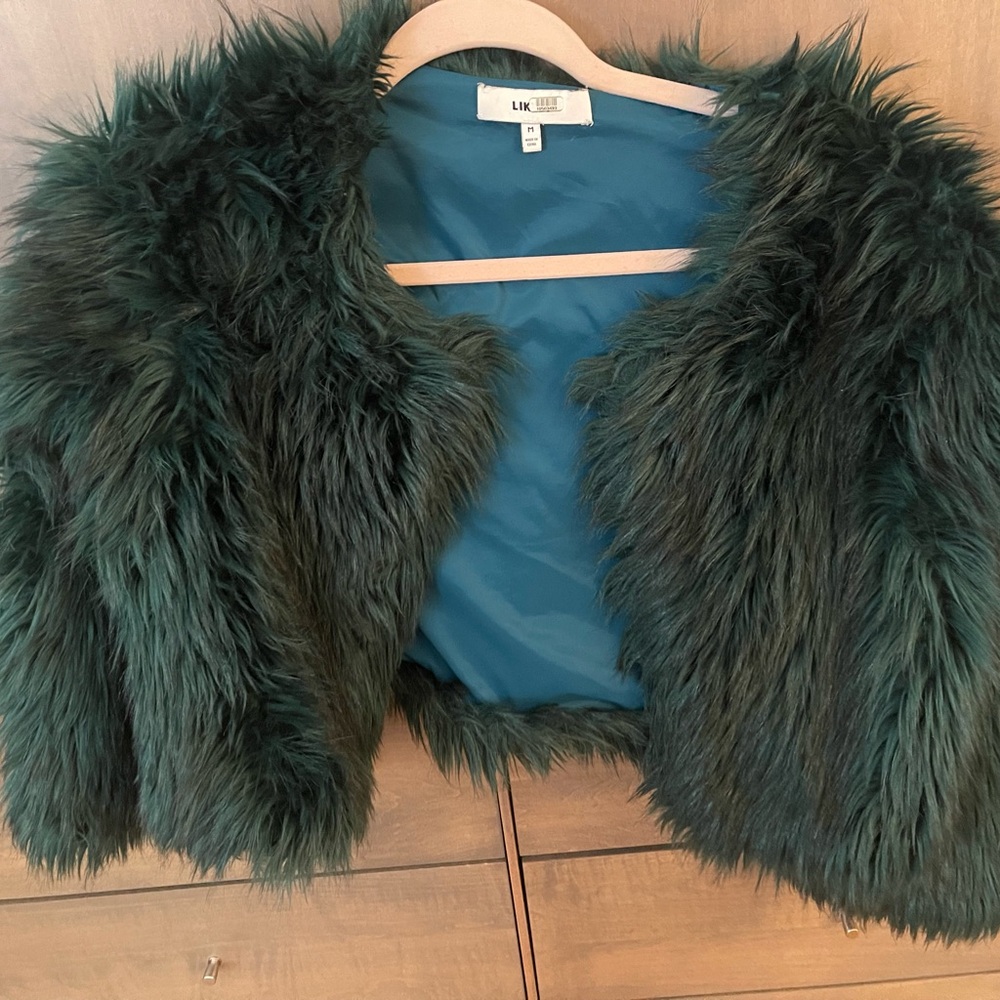 Likely Teal Faux Fur Cropped Jacket